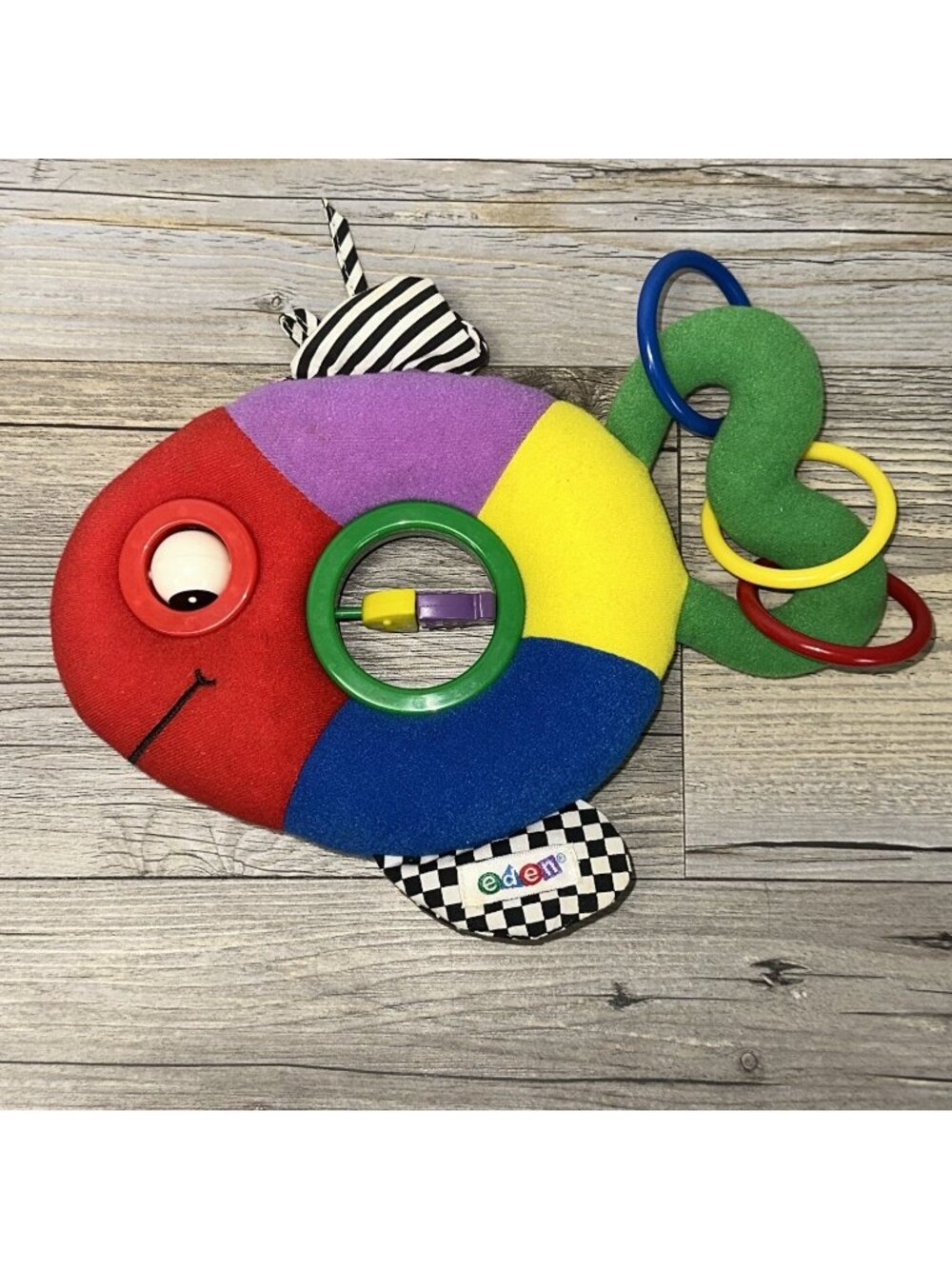 Vintage Eden Fish Rattle Plush 10" Primary Color Crinkle Baby Toy Teether 4056
